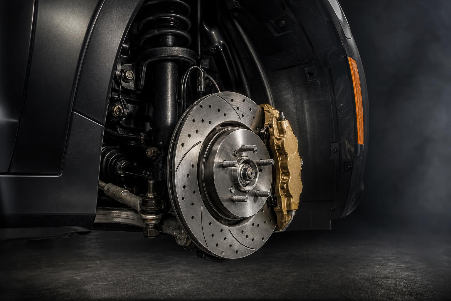 Close-up of a performance brake rotor and gold caliper